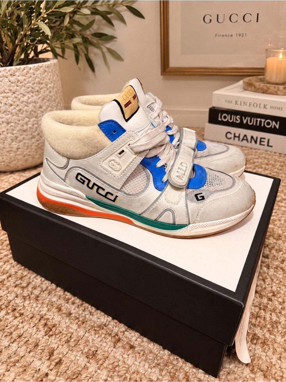 Gucci White Leather High-Top Sneaker with Blue, Green & Orange Accents